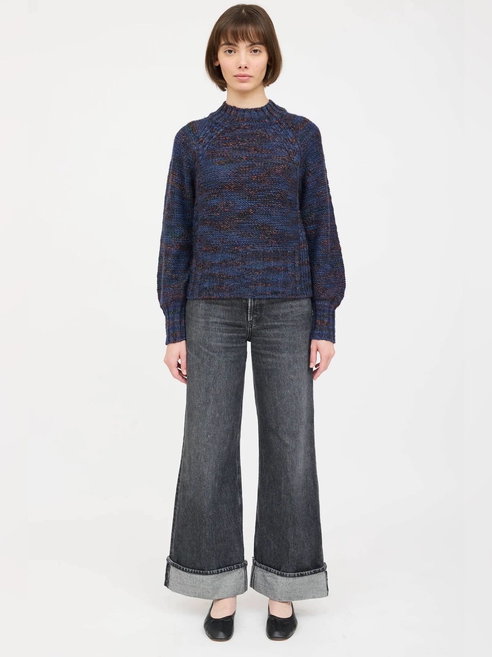 Veronica Beard Marled Wool Blend Mock Neck Chunky Knit Sweater Blue Medium
